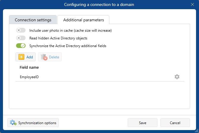 On the Users and Privileges server, option to synchronize the additional Active directory fields added